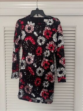 Sequin Floral Bodycon Dress - Black with Red & Silver